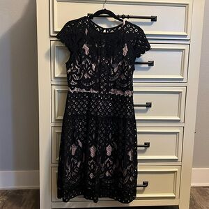 Worthington Brand Dress. Short sleeve, light pink slip with black lace overlay.